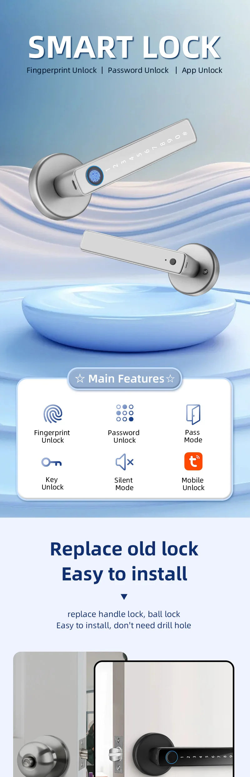 XSDTS Smart Door Lock Handle With Fingerprint Key card Digital Door Lock Keypad Key Entry electronic lock Do Brasil Sem taxas