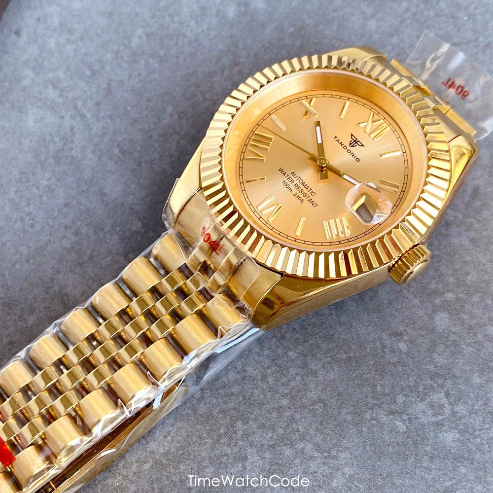 Montre automatique de luxe Tandorio Business pour homme, mouvement NH35A, cadran classique à chiffres romains, lunette cannelée, verre saphir, 36/39 mm