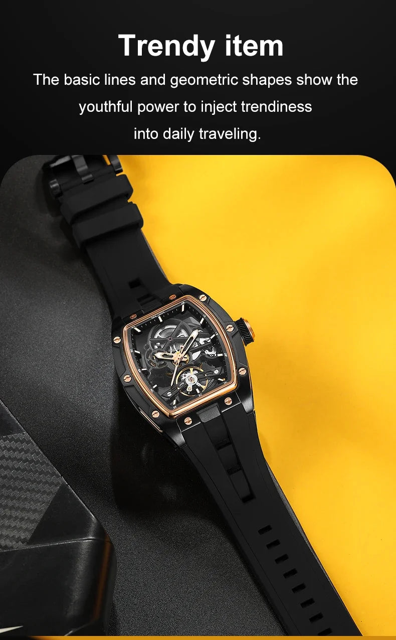 MEGIR Men's Automatic Mechanical Watch with Stainless Steel Case Silicone Band Skeleton Dial Waterproof Sport Wristwatch