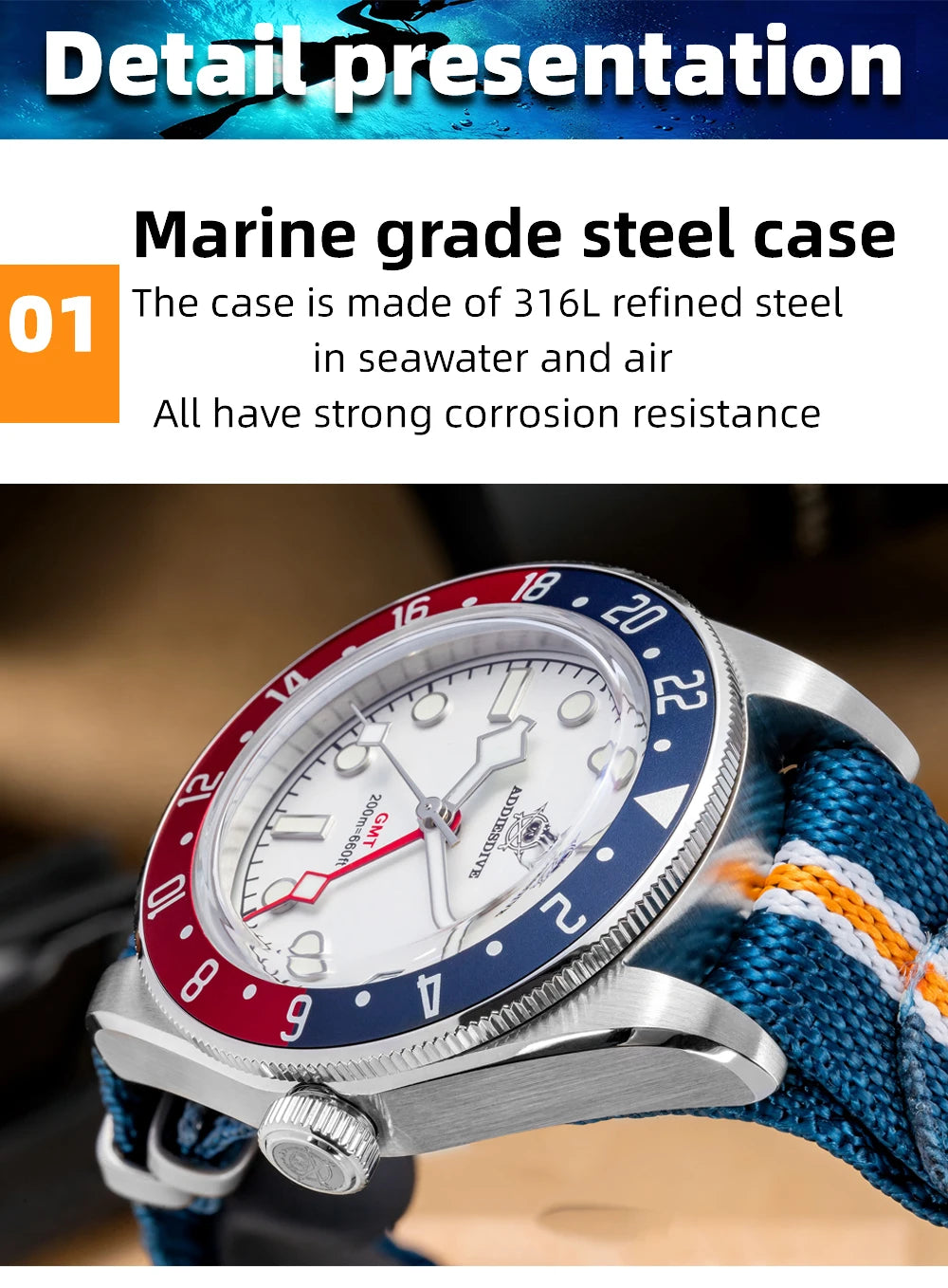 ADDIESDIVE Luxury GMT515-24H Men's Watch Diver 200m Bubble Mirror Glass BGW9 Super Luminous Stainless Steel Men's Analog Watches