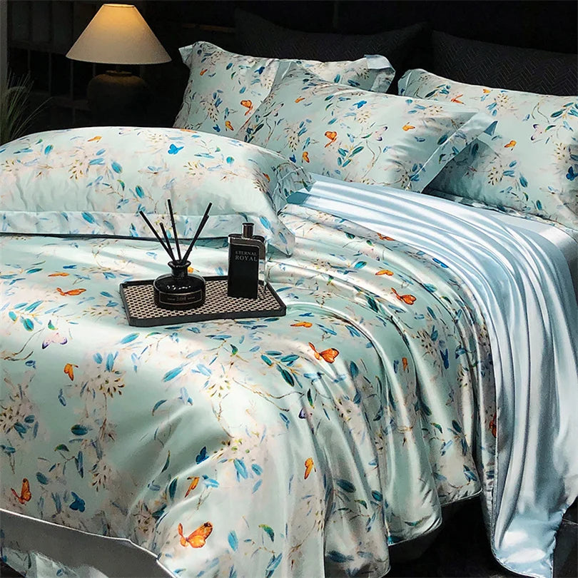 Floral Silk Bedding Set with Duvet Cover Bed Sheet Pillowcase Luxury Couple Single Double King Queen Soft Bedsheet Nordic Smooth