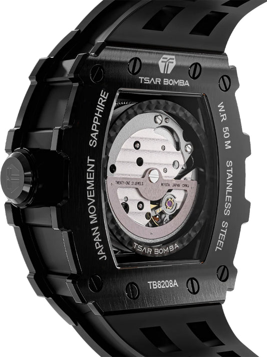 TSAR BOMBA Automatic Watch for Men Waterproof Watch Tonneau Stainless steel Mechanical Wristwatch Silicone Strap Luxury Gift