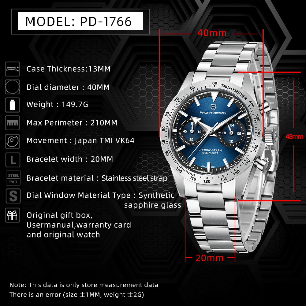 PAGANI DESIGN 2025 New Men Quartz Watch Exquisite Craftsmanship Luxury Classic Style Sapphire Glass Chronograph 100m Waterproof