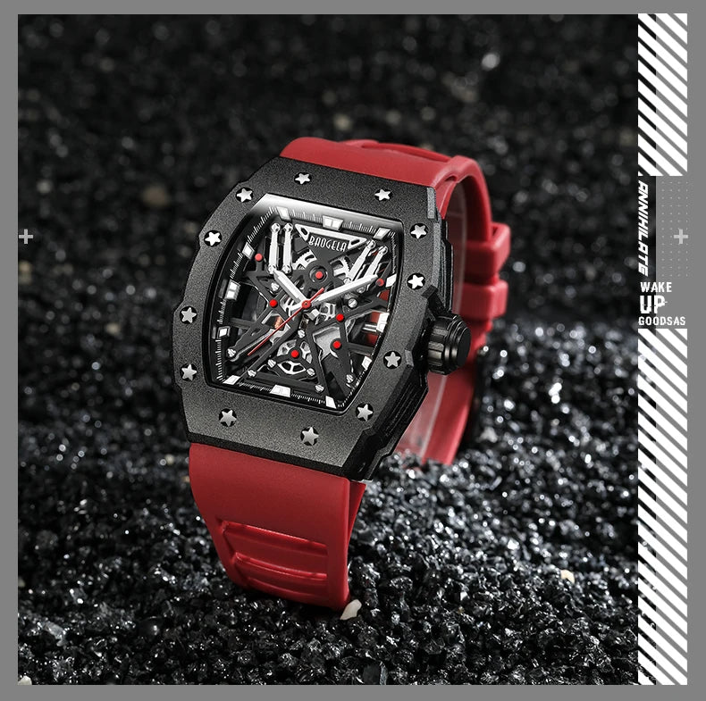 BAOGELA Black Stainless Steel Watch Men Military Sport Analog Quartz Wristwatch with Silicone Strap Luminous Hands Relogio 4147