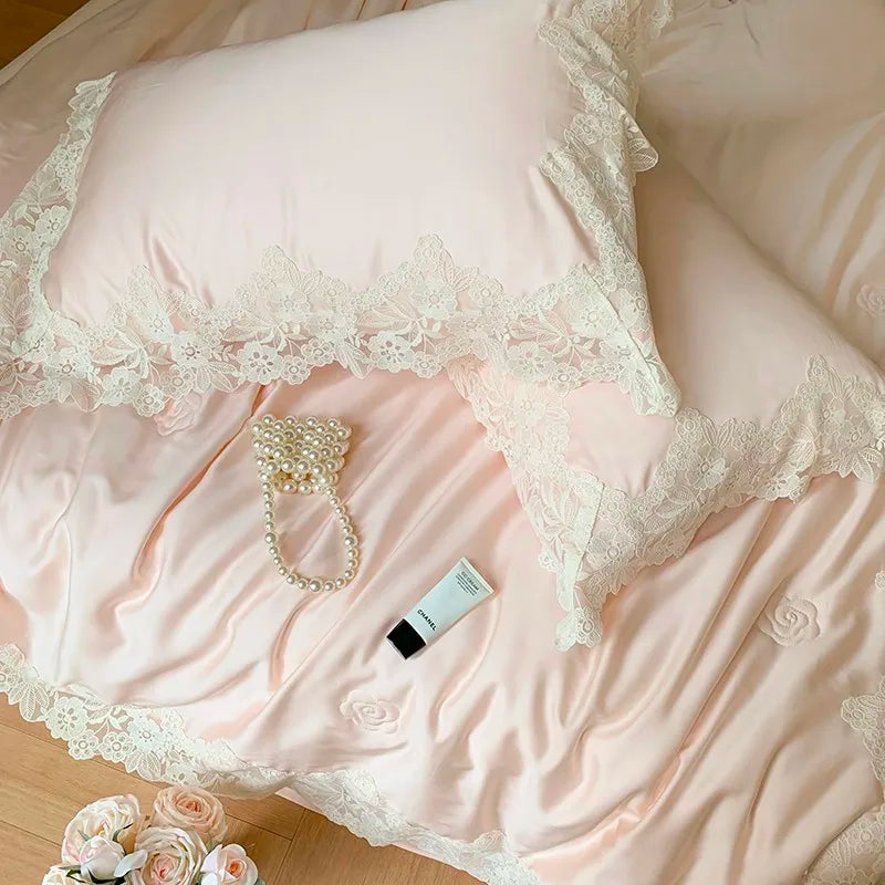 100%Eucalyptus Lyocell Cream White Lace Soft Silky Textured Wrinkle-Free Summer comforter Blanket 1Pc Flat sheet 2Pillow shams