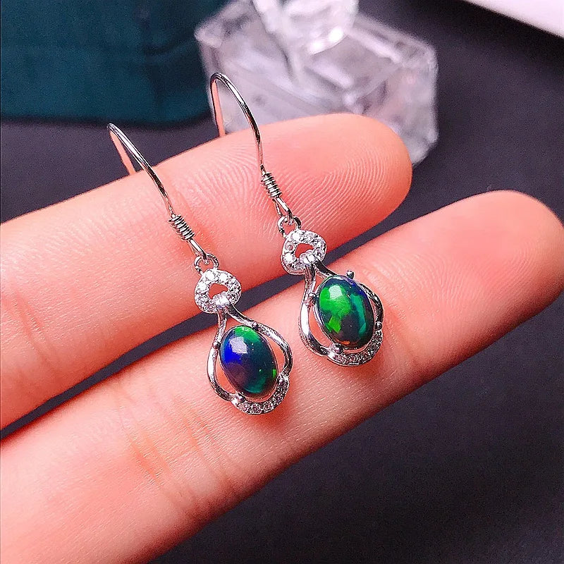 MeiBaPJ 5*7 Natural Black Opal Gemstone England Ear Drop Earrings for Women Real 925 Sterling Silver Charm Fine Wedding Jewelry