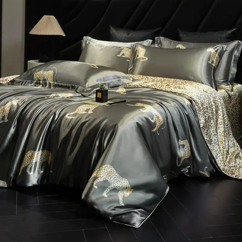 100% Natural Mulberry Silk Fitted Sheet Bedding Sets 3D Printed Satin Cooling Quilt Cover Set for Summer Single Double Bed Kit