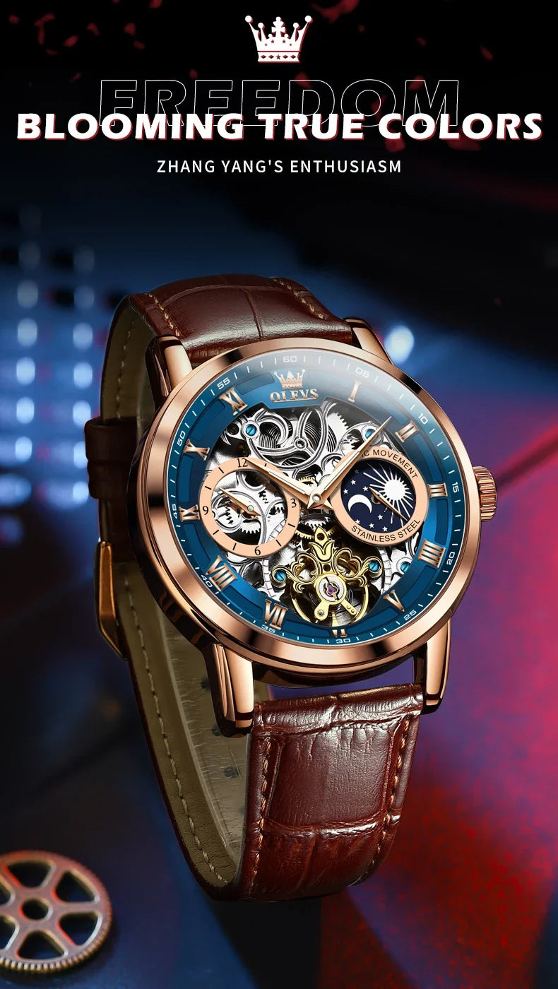 OLEVS 6670 Mechanical Fashion Watch Genuine Leather Watchband Round-dial Moon Phase Month Display