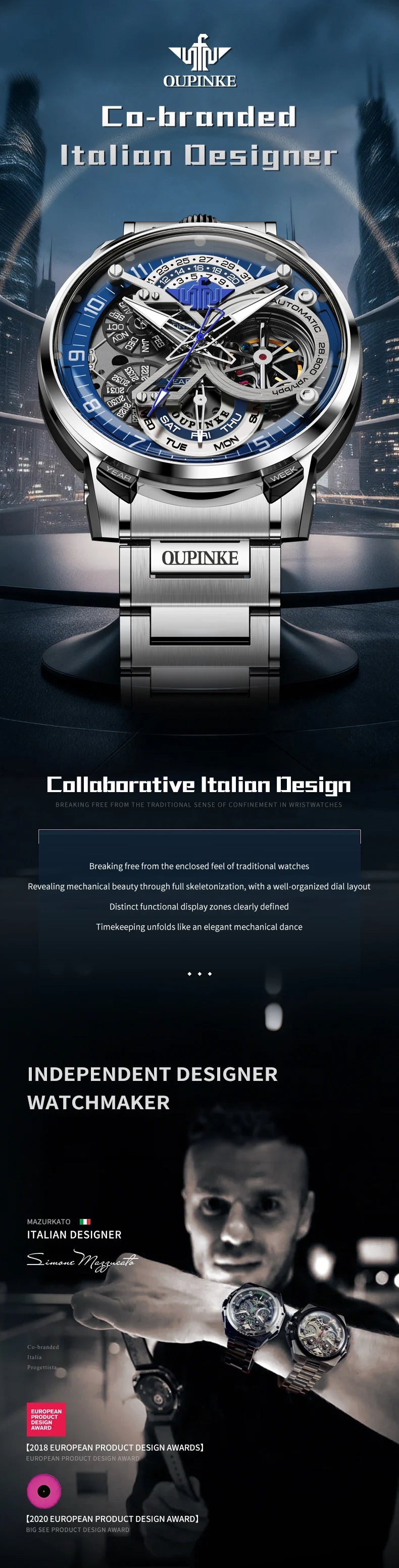 OUPINKE 3278 Herrenuhr, Luxus-Automatikuhr mit Schwungrad, Skelett-Uhrwerk, 50 m wasserdicht, Edelstahl 316L