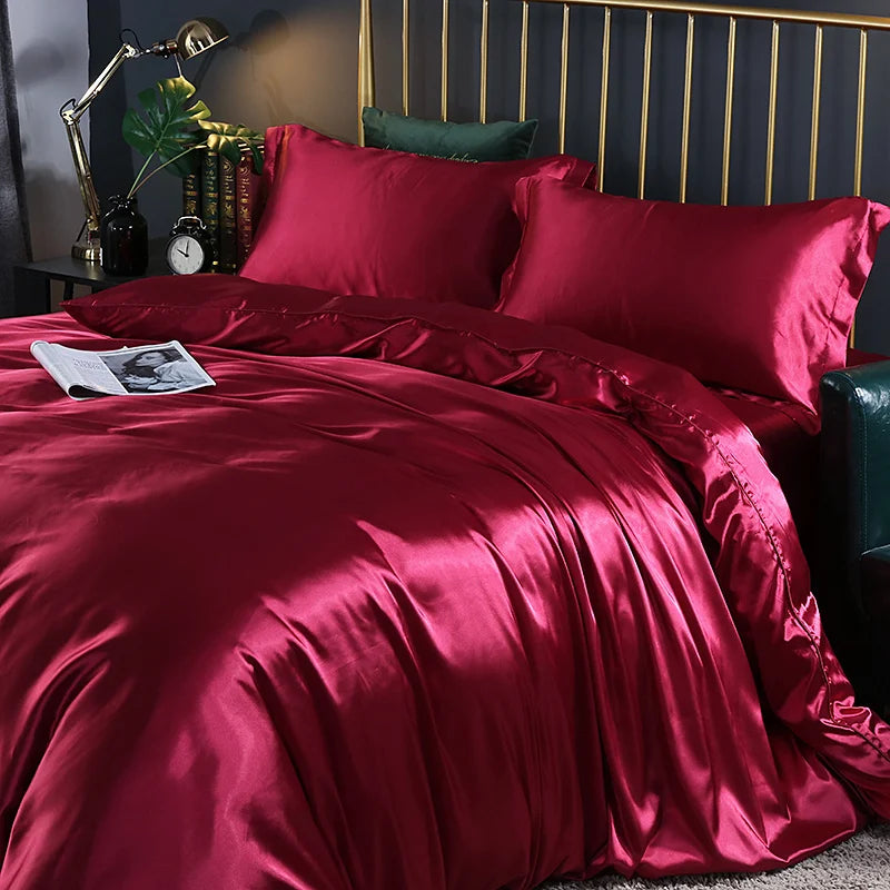 Silk Bedding Set with Duvet Cover Fitted/Flat Bed Sheet Pillowcase Luxury Satin Bedsheet Solid Color King Queen Twin Size
