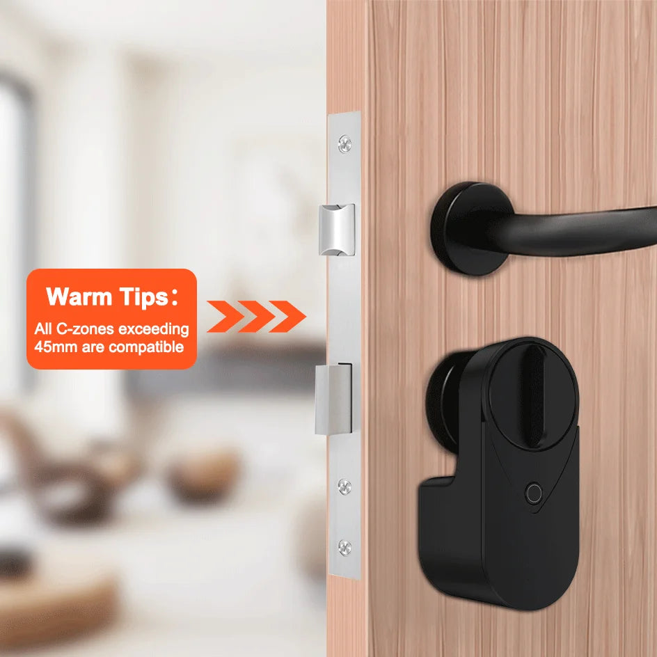 Smart lock with Tuya Bluetooth, fingerprint, password, and IC card unlocking; no drilling required for installation.