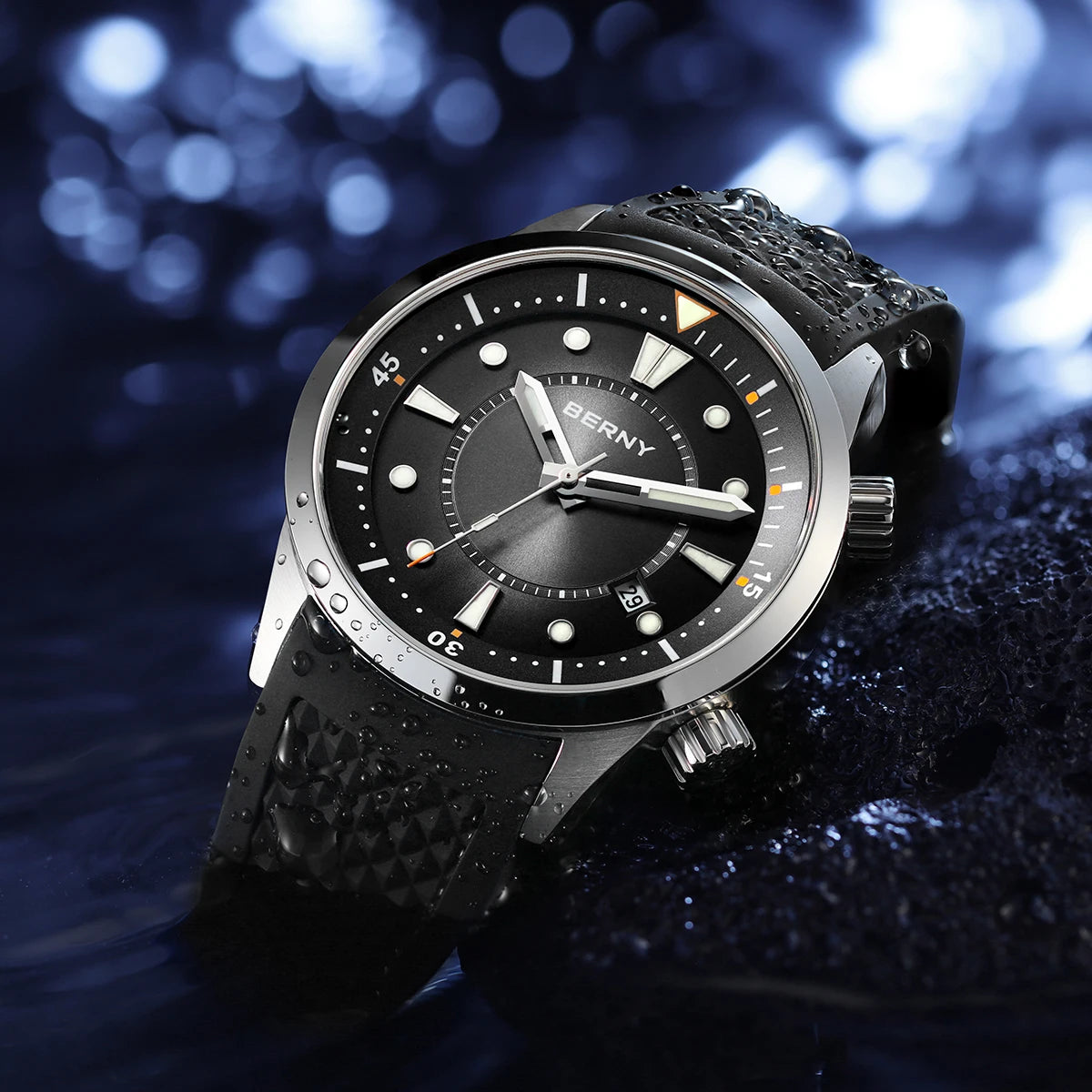 BERNY Automatic Diver Men Watch 200M Waterproof Miyota 8215 Sappire AR Coated Silicone Sports Swim Wristwatch Men's Diver Watch