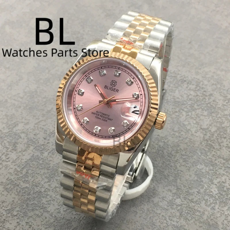 BLIGER Luxury Brown Dial Diamond Time Marks Watches For Men 36mm39mm Two Tone Rose Gold NH35 Movement Sapphire Glass Waterproof