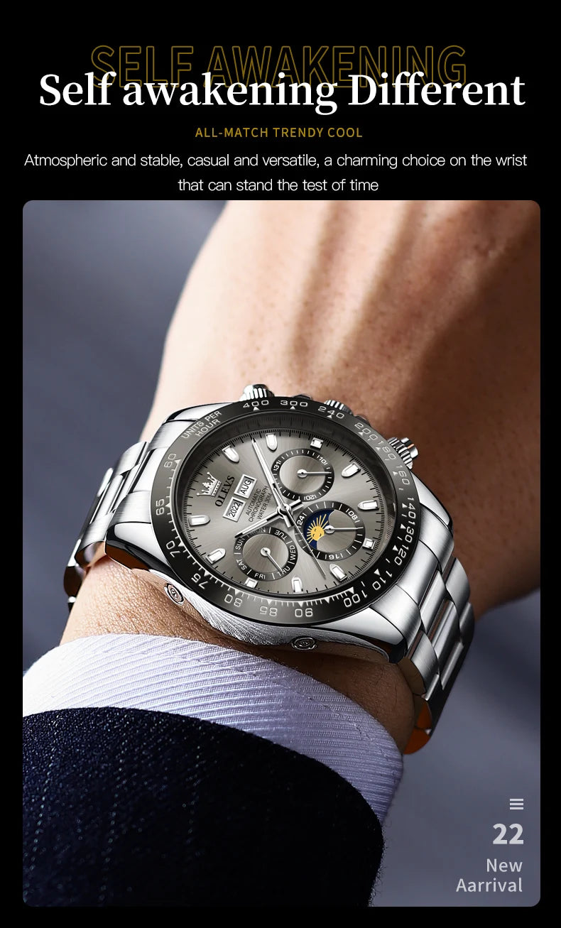 OLEVS 6654 Luxury Mens Watch Chronograph Automatic Mechanical Wristwatch Waterproof Luminous Top Brand Watch for Man Date Sport