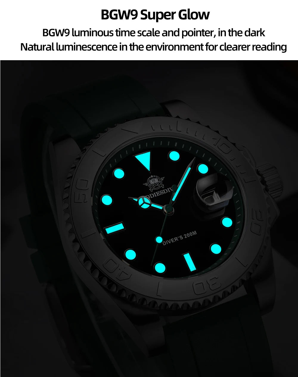 ADDIESDIVE Rotatable Bezel Watch For Men 41mm Quartz Watch Stainless Seel BGW9 Luminous Rubber Strap 200m Diving Men's Watch New