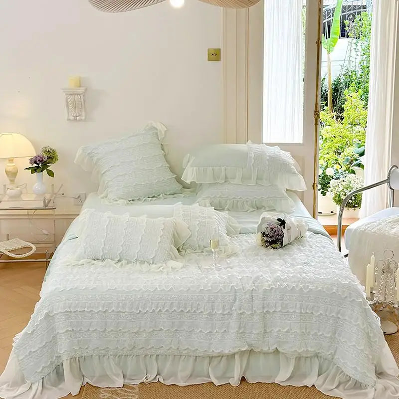 100%Eucalyptus Lyocell Cream White Lace Soft Silky Textured Wrinkle-Free Summer comforter Blanket 1Pc Flat sheet 2Pillow shams