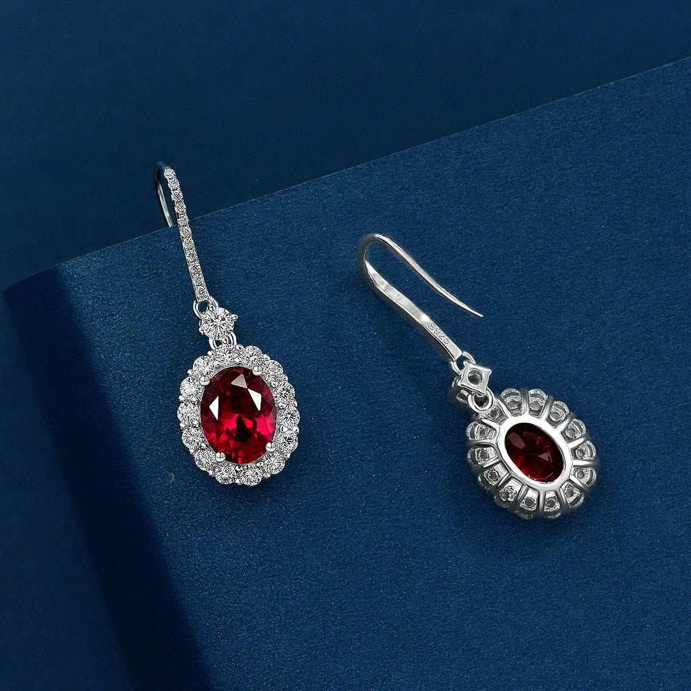 PANSYSEN Vintage 925 Sterling Silver 7x9MM Oval Cut Ruby Sapphire Dangle Drop Earrings for Women Wedding Jewelry Earring Gifts