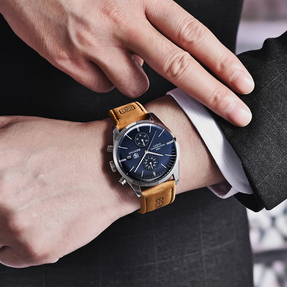 BENYAR Men Quartz Wristwatches Luxury Brand Chronograph Leather Sports Watch For Men Military 100M Waterproof Reloj Hombre 2023