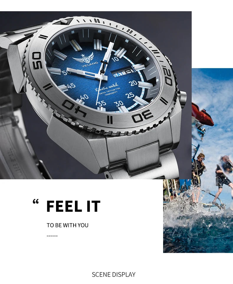 YELANG New Design Human Kinetic Energy Watches Waterproof 100m H3 Gas Self luminescent Nightlight 10Bar Diving Grade V1035