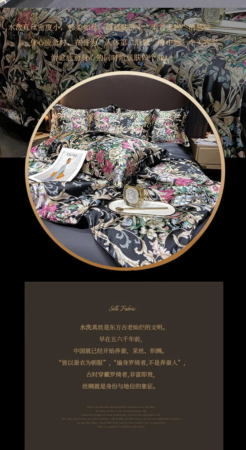 Natural Silk Bedding Set Single Double Queen King Printing Duvet Cover Luxury Quilt Cover Bedsheet Pillowcase