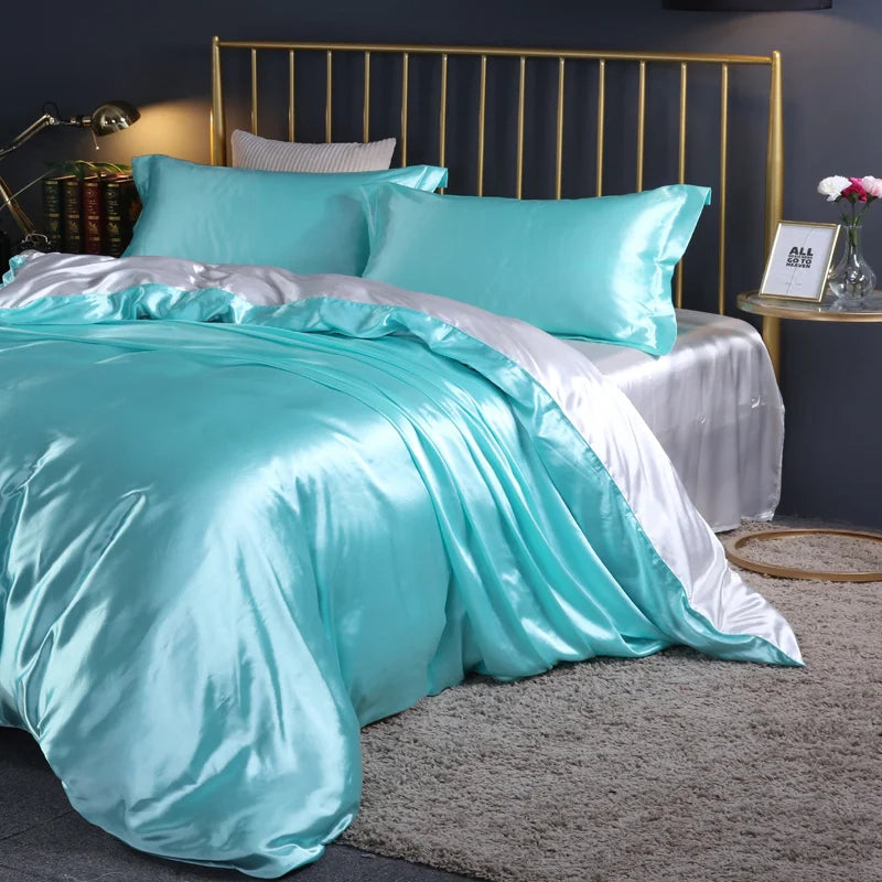 Silk Bedding Set with Duvet Cover Fitted/Flat Bed Sheet Pillowcase Luxury Satin Bedsheet Solid Color King Queen Twin Size
