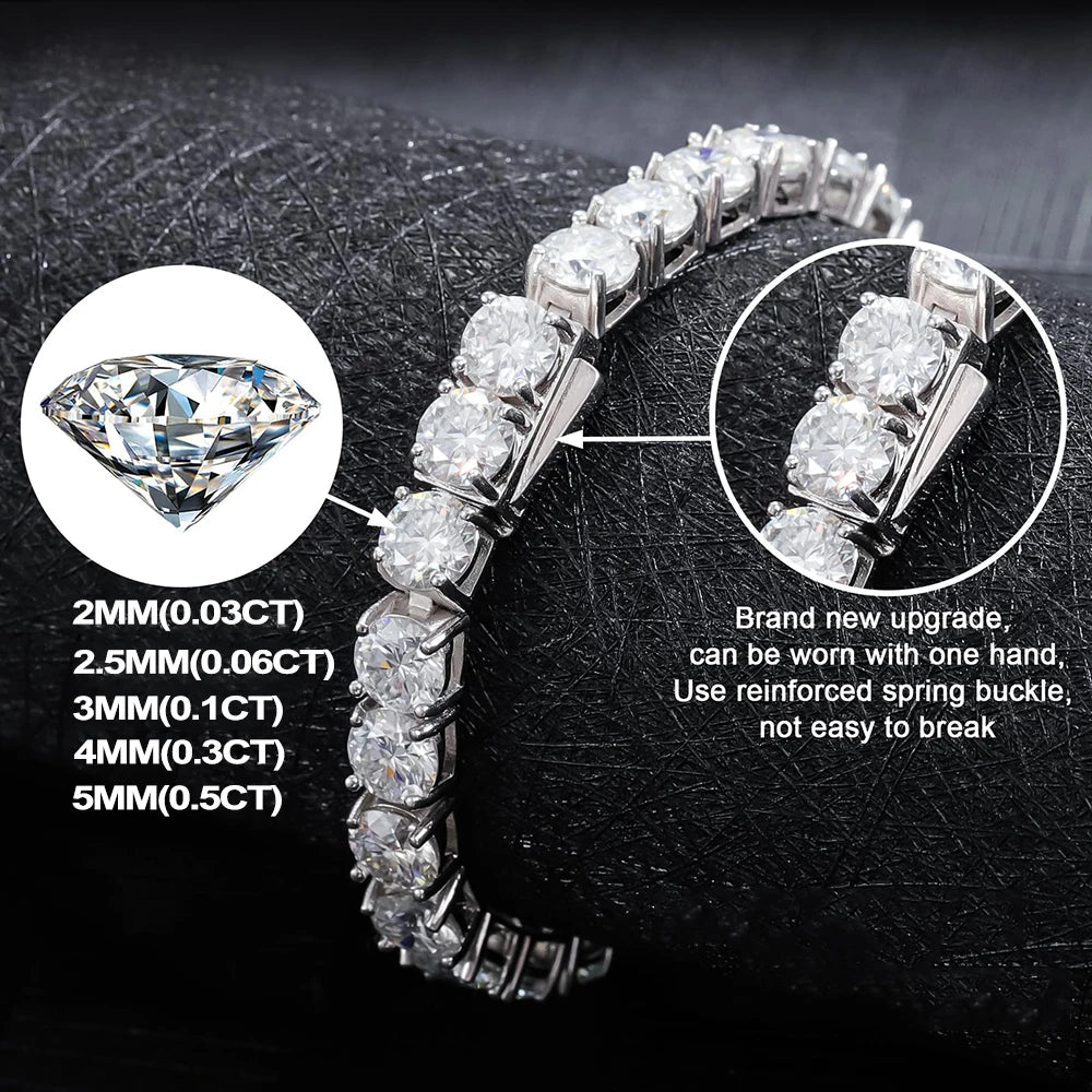 2-5mm Moissanite Tennis Bracelets for Women Men Lab Diamond S925 Silver Plated White Gold Bracelet Spring Clasp Wedding Jewelry