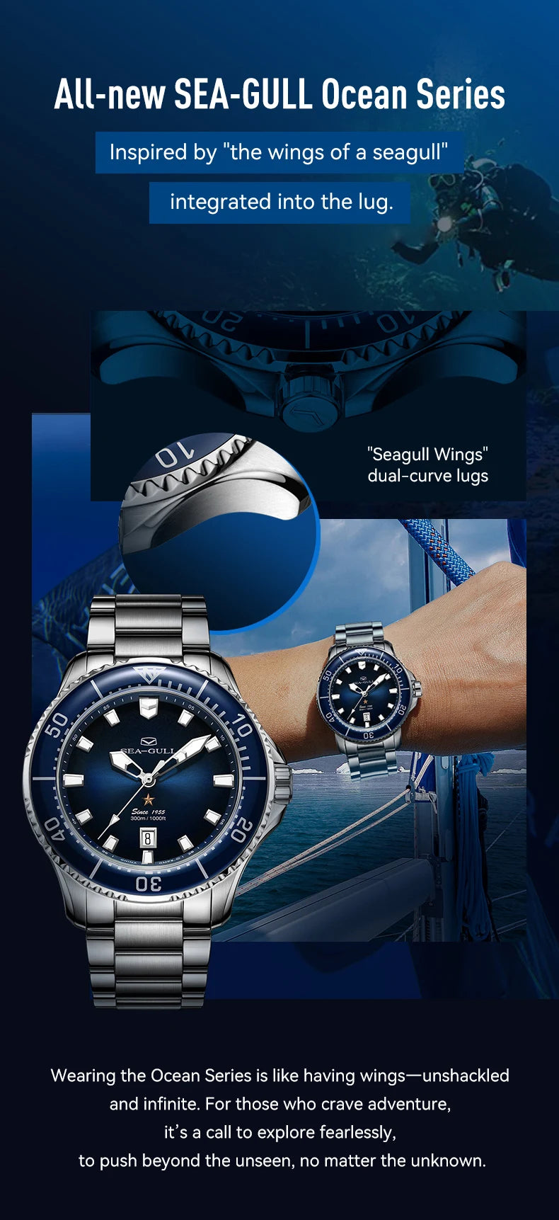 Seagull 40mm Ocean Series Pro Wristwatch relogio masculino Men's Automatic Mechanical Watch 300m Diving Sapphire Crystal 1213