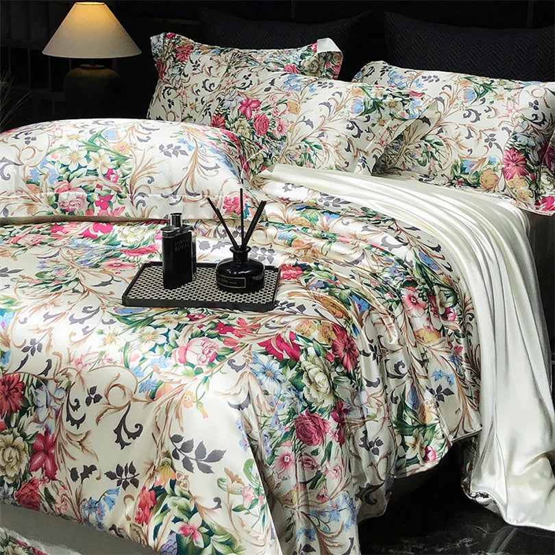 Floral Silk Bedding Set with Duvet Cover Bed Sheet Pillowcase Luxury Couple Single Double King Queen Soft Bedsheet Nordic Smooth