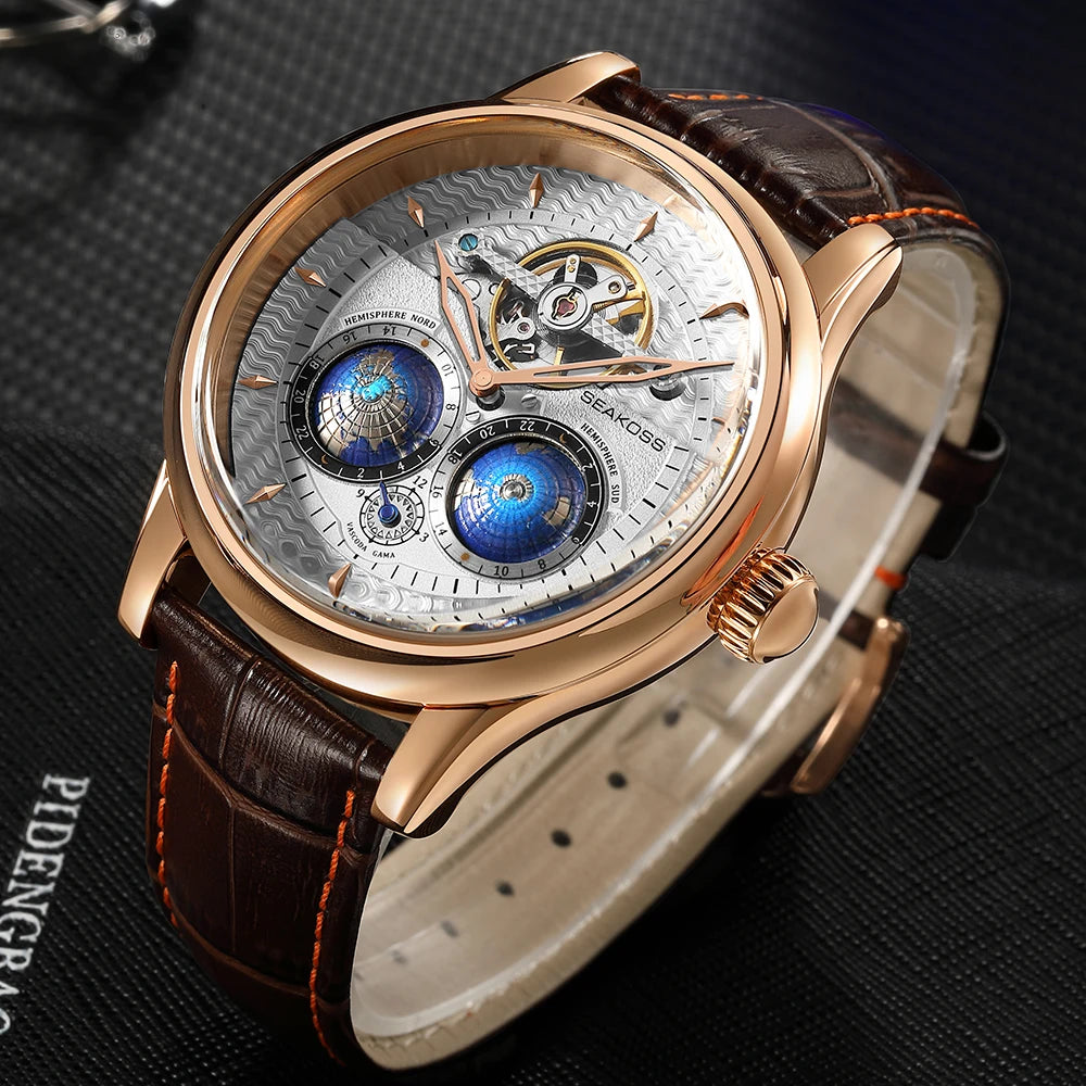 SEAKOSS Double Globe Automatic Rotating Men Mechanical Watches Earth Flywheel Device Men's Military Wristwatches 1963 Clock
