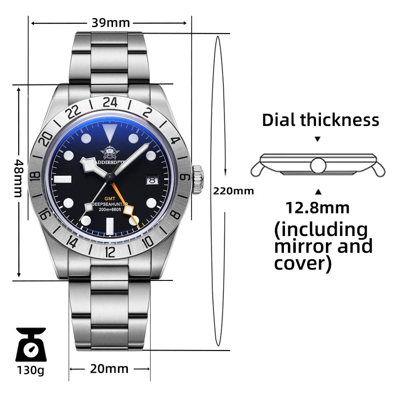 ADDIESDIVE AD2035 Watch For Men Swiss Ronda 515-24H BGW9 Luminous 20Bar Waterproof Bubble Mirror Glass GMT Quartz Watches reloj