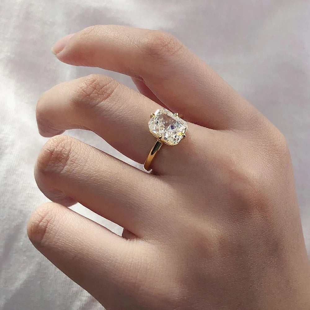 Luomansi Super Flashing 4CT Radian Cut Moissanite Ring Solid S925 Silver Plated 18K Gold Women's Jewelry Gift