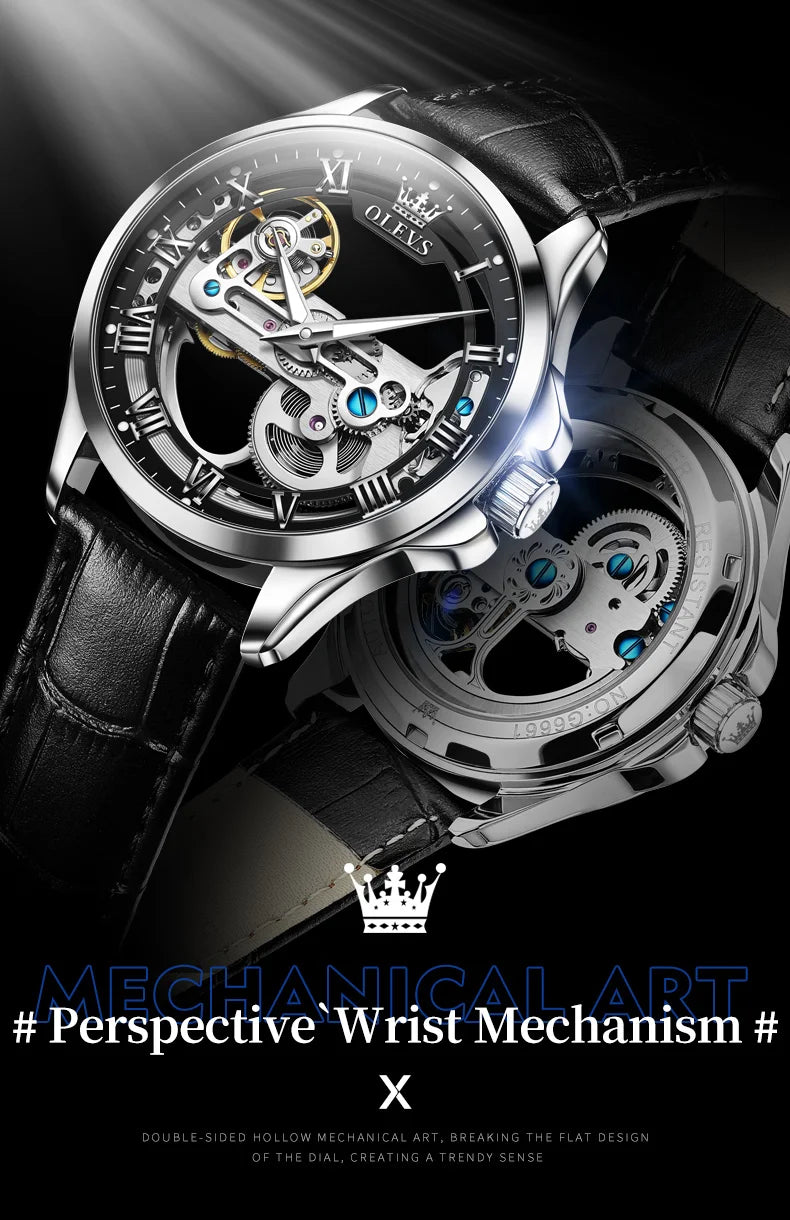 OLEVS Trend Fashion Men's Watches Casual Leather Strap Hollow Out Self-winding Movement Original Automatic Mechanical Wristwatch