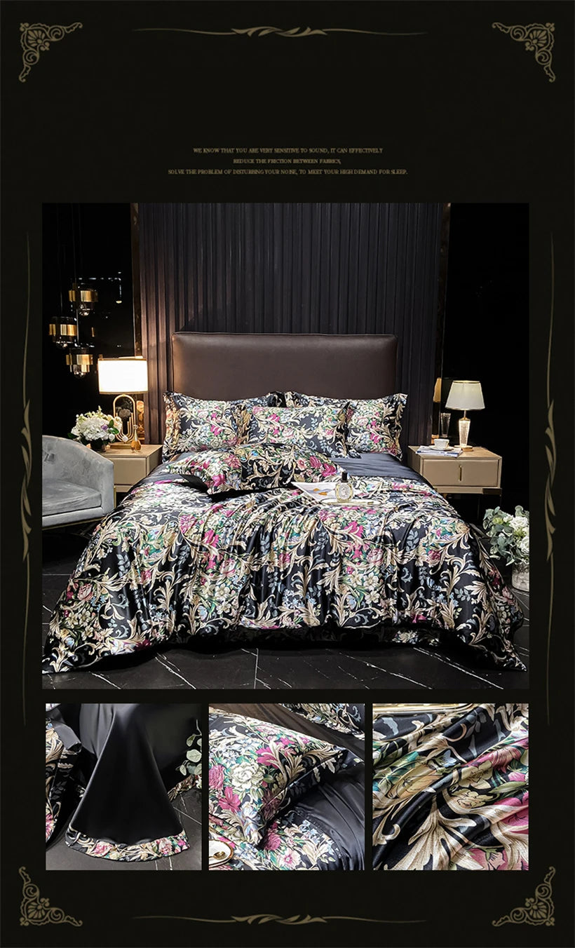Floral Silk Bedding Set with Duvet Cover Bed Sheet Pillowcase Luxury Couple Single Double King Queen Soft Bedsheet Nordic Smooth