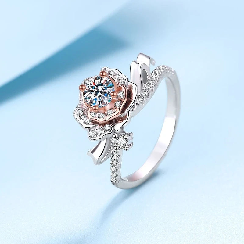 Halaile D Color Moissanite S925 Sterling Silver Rose Flower Ring Luxury Fine Jewelry Women Sparkly Bridal Wedding Gift