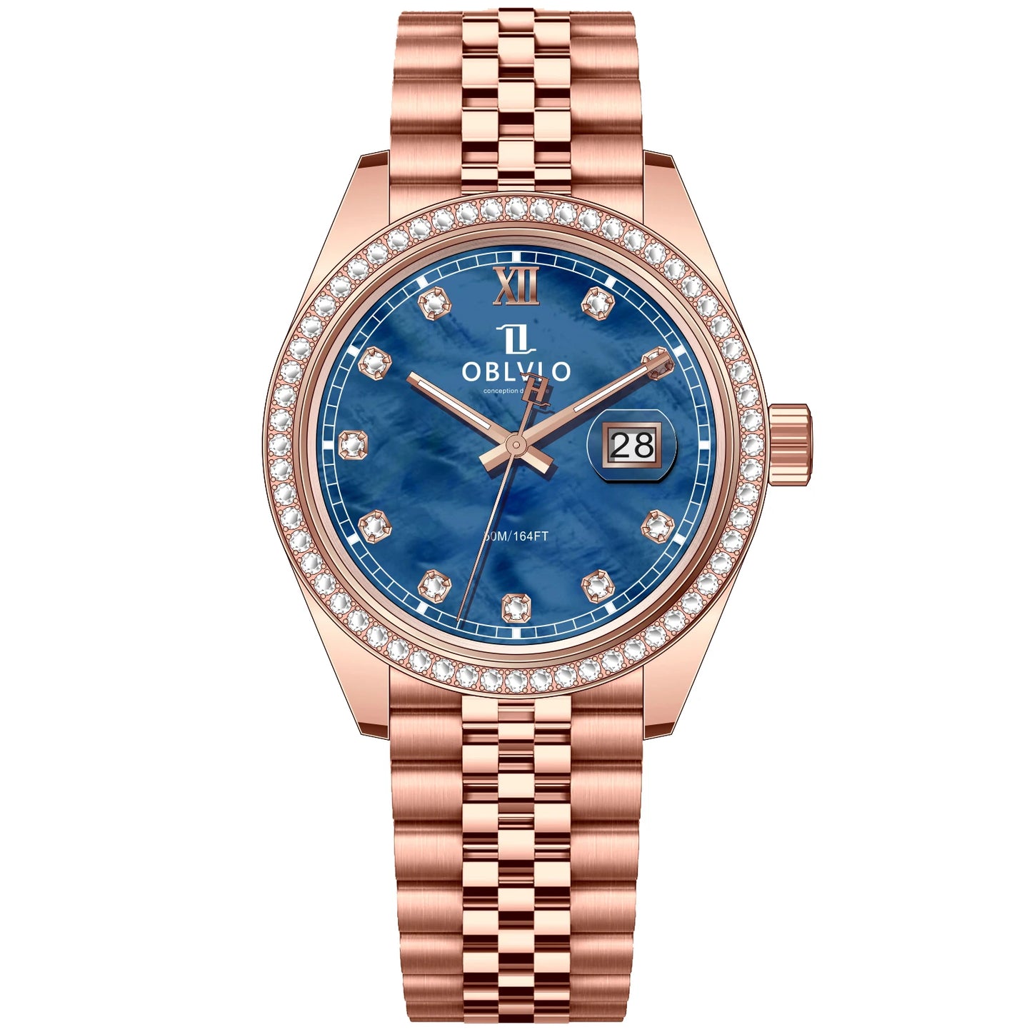 OBLVLO Men's Elegant Diamonds Bezel Two Tone Bracelet Quartz Watch with Date Fashion MOP Dial Business Watches for Men RX-PE-D