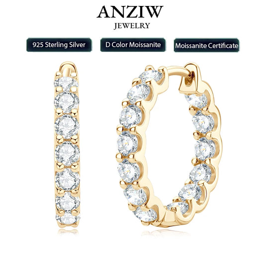 Anziw Sparking 3mm D VVS1 Full Moissanite Hoop Earrings for Women 925 Sterling Silver 14k Yellow Gold Plated 2023 Trendy Jewelry
