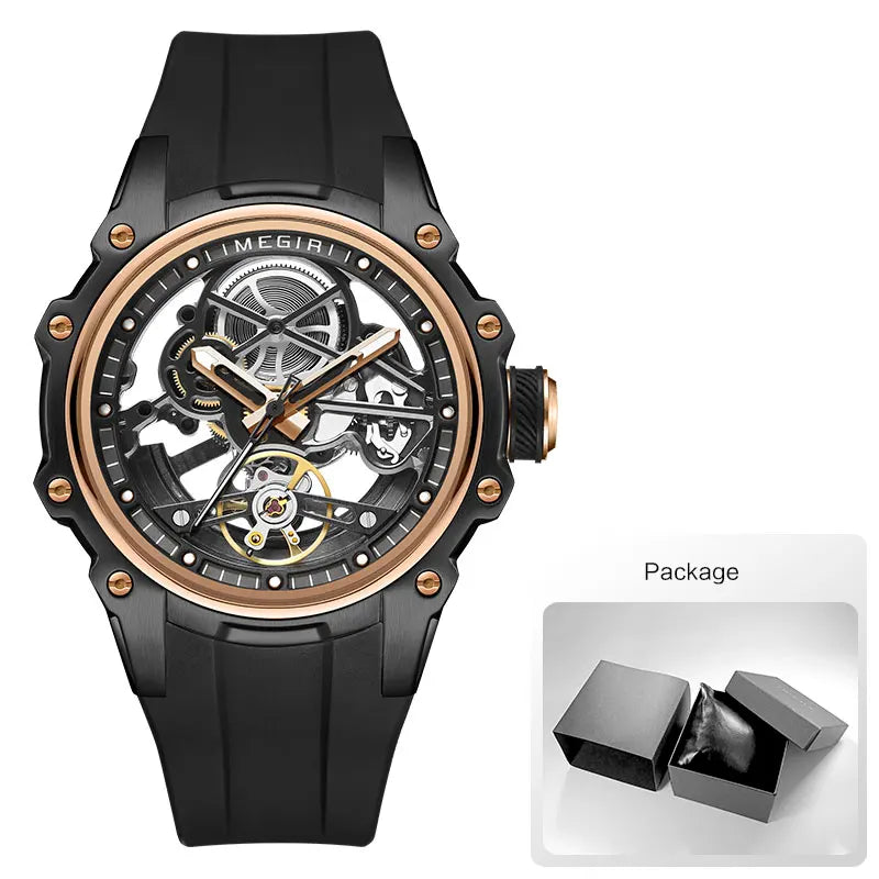 MEGIR Skeleton Dial Automatic Mechanical Watch Men Stainless Steel Case Waterproof Luminous Sport Wristwatch with Silicone Strap