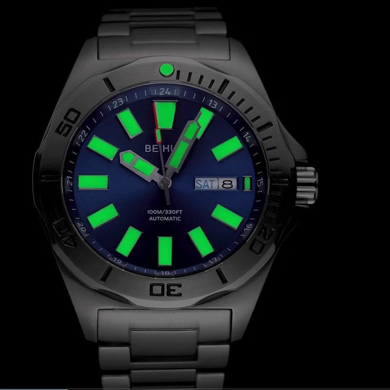 BEIHUA Men Automatic Watch Luminous Whole Night Super Bright C3 Japan TOP Mov't 24Jewels Day Date Sapphire  Luxury Gift Military