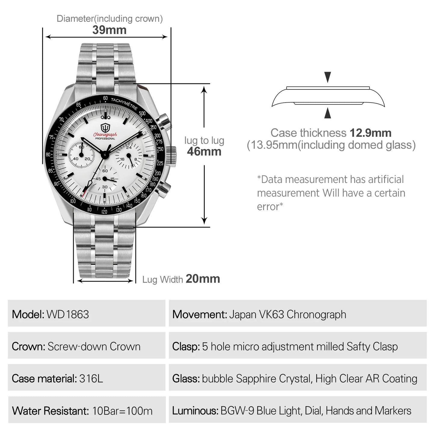 Watchdives WD1863 VK63 Quartz Chronograph Movement Bubble Sapphire Crystal 100m Waterproof Luminous 39mm Vintage Watches