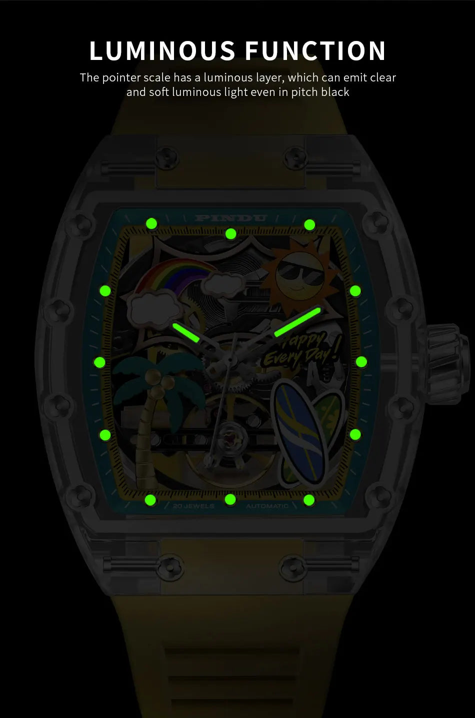 New PINDU Watch Unique Dial Design Style Men Mechanical Watch Summer Beach Fashion Watch Glowing Waterproof Resin silicone strap