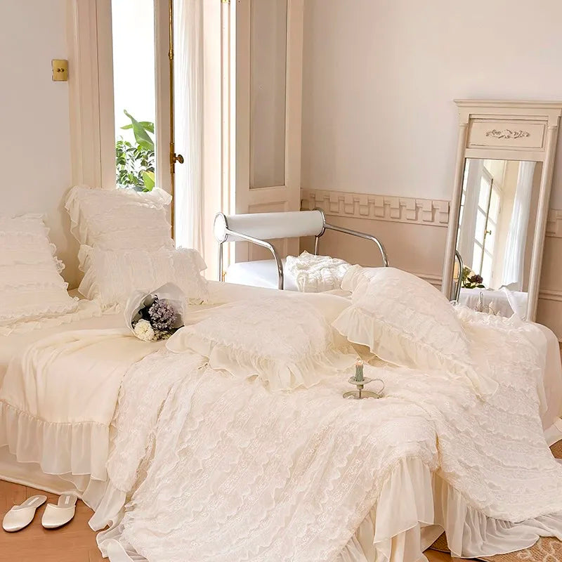 100%Eucalyptus Lyocell Cream White Lace Soft Silky Textured Wrinkle-Free Summer comforter Blanket 1Pc Flat sheet 2Pillow shams