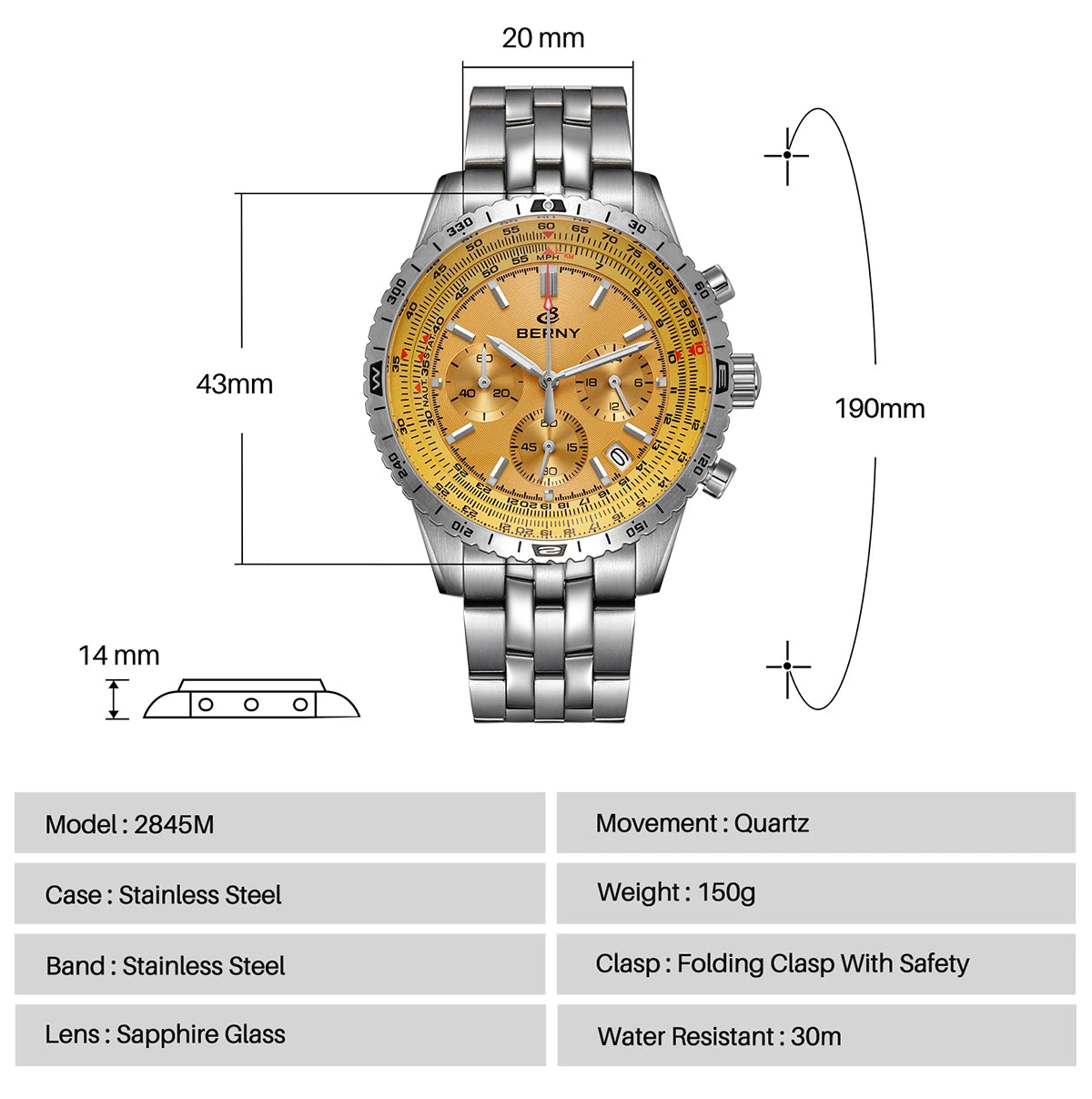 BERNY Aviation Pilot Men's Watches Quartz Chronograph Watch Date Sapphire Super Luminous Luxury Brand Dress Man Wristwatch