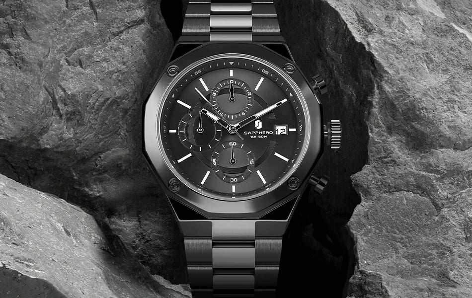 SAPPHERO Rose gold Watch Mens Watch Luxury  Stainless Steel Quartz Watch Business Waterproof Luminous Calendar Wristwatch Gift