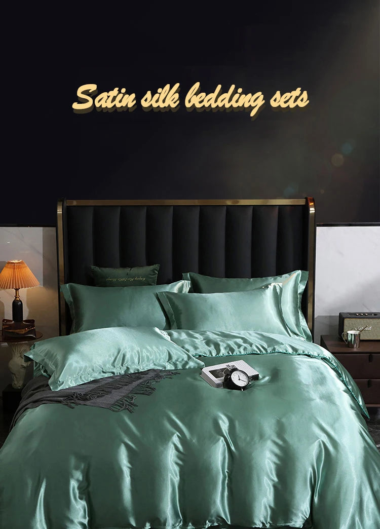 Luxury Satin  Bedding Set With Flat Sheet Duvet Cover High End Bedding Set  High Density Satin  Solid Color Bedding