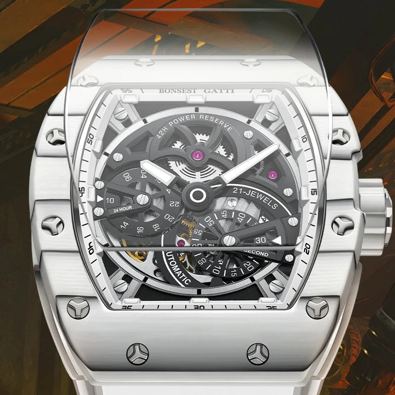 BONEST GATTI Men Automatic Movement Mechanical Watch Carbon Fiber Bezel Tonneau Luminous Case Fluororubber Strap Watches For Men