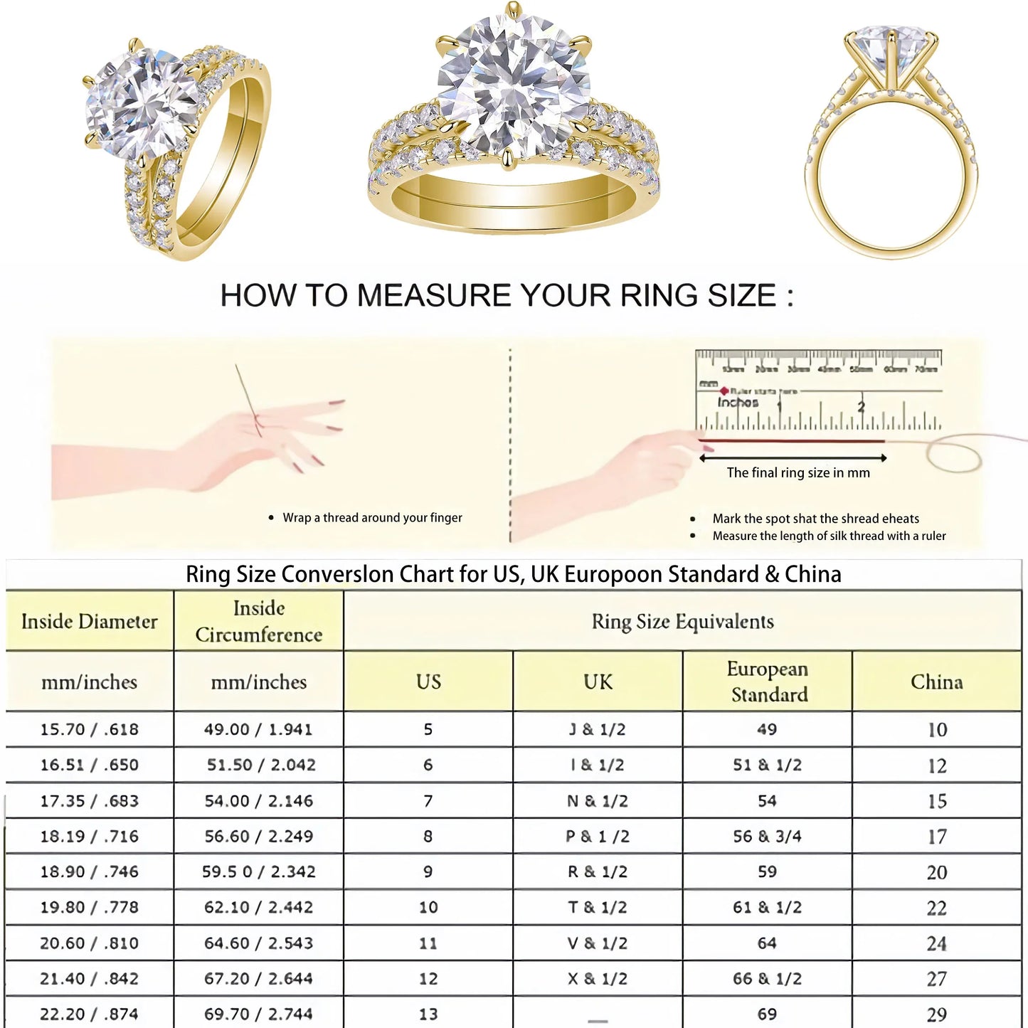 5.75CTW Moissanite Engagement Ring Set 2pcs, Round Cut, 925 Sterling Silver 18K Gold Plated, Classic Wedding Bridal Jewelry Gift