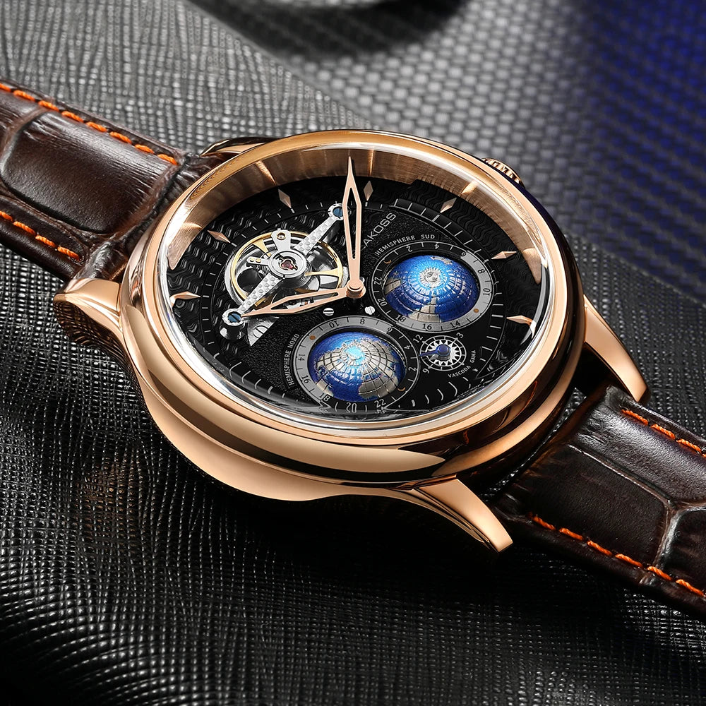 SEAKOSS Double Globe Automatic Rotating Men Mechanical Watches Earth Flywheel Device Men's Military Wristwatches 1963 Clock