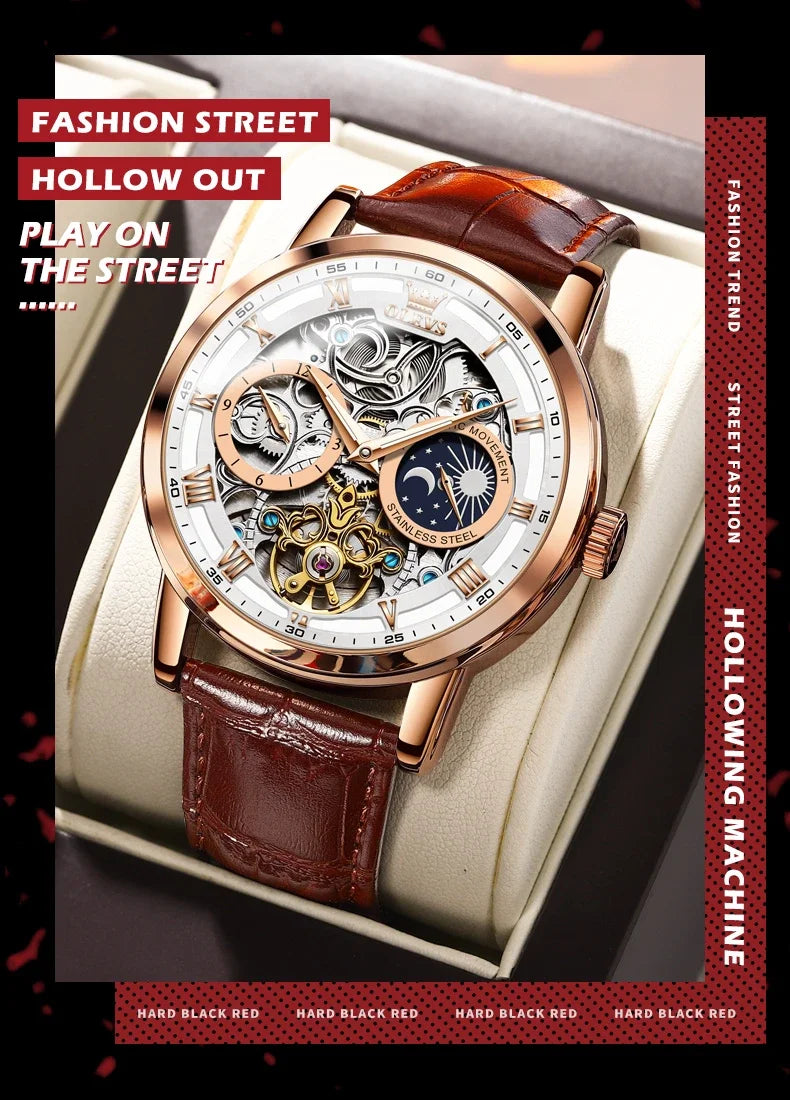 OLEVS 6670 Mechanical Fashion Watch Genuine Leather Watchband Round-dial Moon Phase Month Display