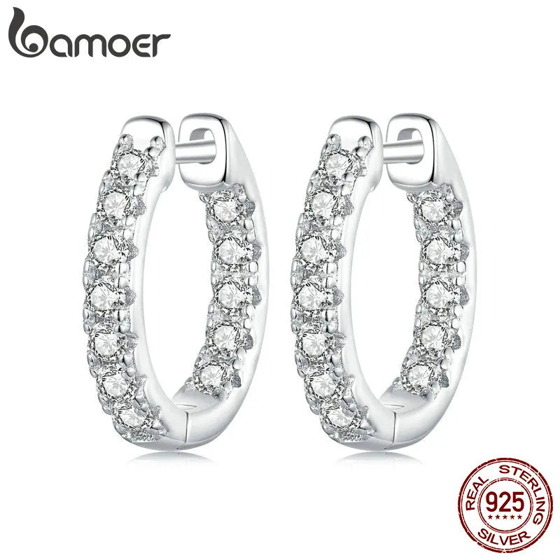 BAMOER Platinum Plated Moissanite Hoop Earrings for Women, D Color Round Cut Lab Diamond 925 Silver Hypoallergenic Earrings