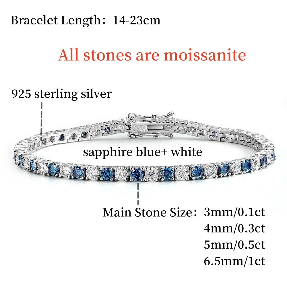 TBCYD 3/4/5/6.5mm Sapphire Blue Moissanite Tennis Bracelet  S925 Sterling Silver For Men Women GRA Certified Hip Hop Jewelry